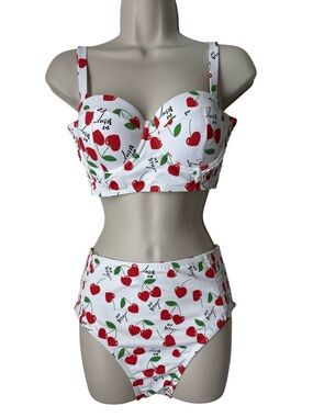 Betsey Johnson White Heart Cherry Print Underwire Bikini Set - Size Medium